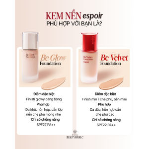 Kem nền ESPOIR BE VELET - BE GLOW FOUNDATION 30gr - – Lớp nền mịn lì che phủ chuẩn chuyên gia làm mờ lỗ chân lông – Bền màu 72h chống trôi waterproof không lo đổ dầu giữa ngày – Giảm sắc đỏ & sắc vàng cân bằng tông da cực khéo
