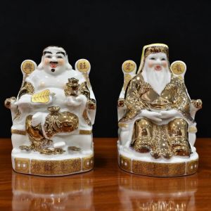 Cặp Tượng Thần Tài Thổ Địa Chiêu Tài Chất Liệu Sứ Dát Vàng Cao Cấp Đặt Bàn Thờ Thần Tài (Tài Địa Vắt Chân )