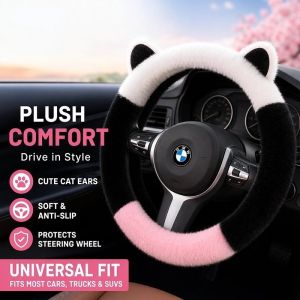 Steering Wheel Cover Plush Car Accessories Anti Slip Soft Grip Elastic Fit Cat Ear Design Interior Decor