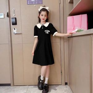 Girls Dress 2024 Summer Short sleeved Medium to Large Childrens 8-12 Year Old Loose Casual Versatile Korean Version Long Skirt