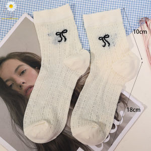 1-4 Pairs Womens Summer Thin Mid Iength Socks Bowknot Sweet Mid-tube Socks Mesh Breathable Stockings Lolita JK Solid Color Simple Stripe Hosiery