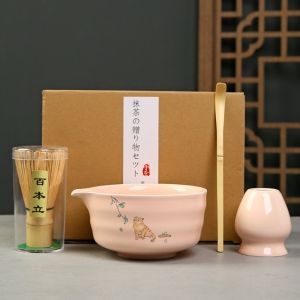 GOFIDIN 4PCS Bát Matcha Bộ trà matcha Nhật Bản Gốm sứ tre Có thể tái sử dụng Bộ trà thìa đánh trứng Giá đỡ máy đánh trứng Matcha Bộ dụng cụ pha matcha Những người yêu trà