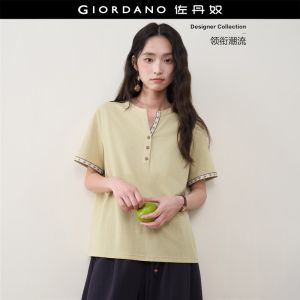 Giordano Women 100% cotton embroidered trim short sleeve Tee Free Shipping 18326812