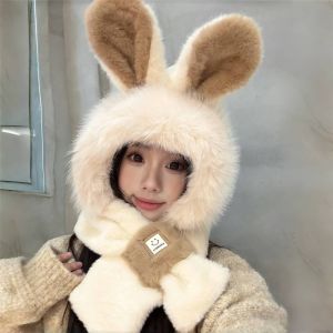 DADOMYD Keep Warm Hooded Scarf for Women Windproof 2-in-1 Hat Scarf Rabbit Ears Thicken Winter Plush Scarf Autumn Winter