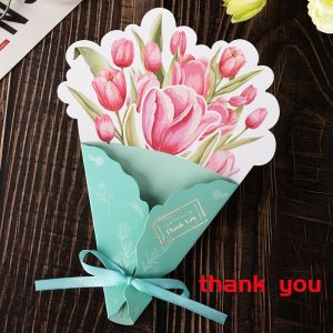 3D Floral Bouquet Postcard with Ribbon DIY Greeting Cards Holiday Thank-you Cards Message Cards Love Letter Writing Gift Cards Wedding Party Invitations Cards