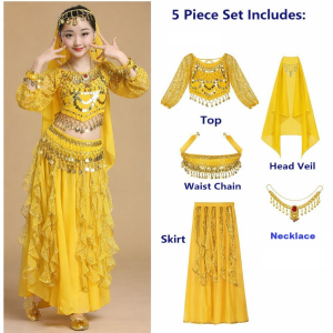 (Ready Stock) 5pc/set Girls Belly Dance Costume Shiny Carnival Outfit Party Fancy Dress Stage Indian Dancing Performance