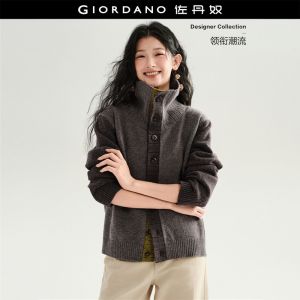 Giordano Women Turndown collar button closure contrast cardigan Free Shipping 18356620