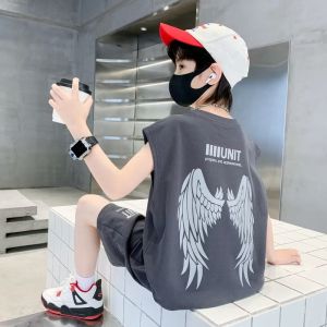 Kids Boys Terno Set Sleeveless T-shirt Shorts Breathable Comfortable Cotton Korean Style Outfit 7-16yrs Summer Casual Boys Terno Set