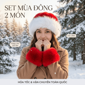 Bộ Đôi Phụ Kiện Mùa Đông 2 Món - Nón lông vành tròn kèm đôi cổ tay áo lông xù chụp ảnh Noel Sapa Đà Lạt