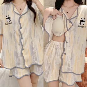 GD Summer Cartoon Cat Pajamas Womens Open Cardigan Short Sleeved suit Sleepwear with Chest Pad