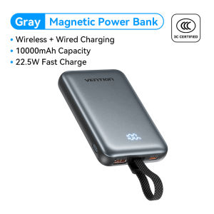 [CCC] Vention Magnetic Wireless Charge Powerbank 10000mAh Built-in Cable 3C Certification 22.5W Portable Power bank With 15W MAX Wireless Charging for iPhone 17 16 15 Pro Max Xiaomi Huawei