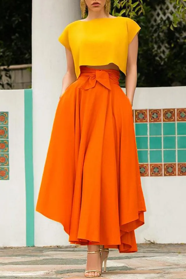 Ready Stock-Women's Solid Color High Waist A Line Skirt Fashion Slim Waist  Bow Belt Flared Pleated Long Red Orange Yellow Gypsy Maxi Skirt