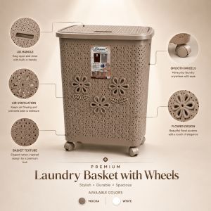Big Laundry Basket with Wheels and Lid Plastic Clothes Organizer Durable Laundry Hamper for Bedroom