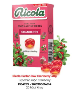 Hộp kẹo thảo mộc Ricola Alpin Fresh Cranberry Lemon Mint Mountain Mint Swiss Herb Original không đường 40g