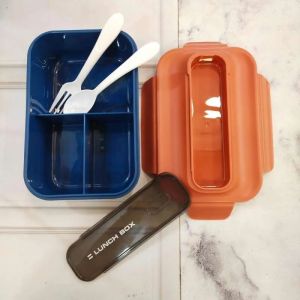 Kotak Makan Bento Lunch Box Transparant 1200ml Free Sendok + Garpu 3 Grid