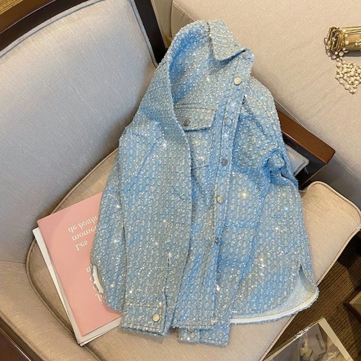 Women Denim Jacket Sequins Diamond Loose Oversize Spring Autumn Fashion  Casual Elegant Slim Jean Cowboy Coat Street Wear Plus Size Light Blue  Lazada