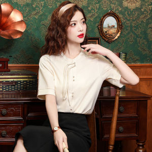 AMMIN เสื้อชีฟองกระดุมหน้าแขนแขนสั้นคอกลมเสื้อเบลาส์จีนวินเทจสีทึบเรียบง่ายสำหรับฤดูร้อน2024