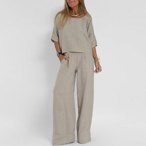 2026 Hot Sale [ Shipped from China ] Casual fashion pocket pants beach set spring/summer short-sleeve top pullover set womens cotton-linen solid color two-piece set B3