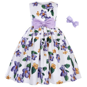 Purple Floral Print Princess Dress with Kids Girls Fashion Girl Sleeveless Piano Pageant Gown + Headwear
