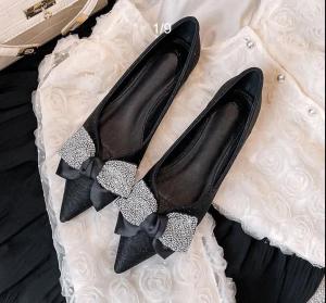 Huilm womens high-heeled heels 2cm high pointed toe flat shoes womens spring 2024 new shallow mouth scoop shoes French gentle shoes Peas shoes rhinestone womens shoes sandals office shoes