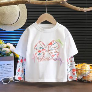 Summer Long Sleeve T-Shirt Top For Kids Girls 6-15yrs Sunscreen Ice Breathable Cotton Korean Style Fake Two Pieces Top For Kids Girls Blouse For Kids Girl