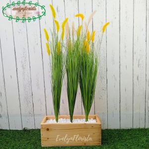 Tanaman Artificial Bunga Ilalang Variasi Warna T70 Pot Kotak Panjang Motif Kayu Dekorasi Caffe