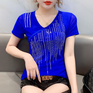 YIMEI Áo Màu Xanh Dương Áo Cotton Cổ Chữ V Gợi Cảm Tay Ngắn Mới Mùa Hè 2023 Áo Thun Kim Cương Nghệ Thuật Chữ Công Nghiệp Nặng Đa Năng Thiết Kế Cho Nữ