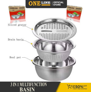 ONELINE l 3 in 1 Multifunctional Stainless Steel Basin Vegetable Cutter with Drain Basket Grater Strainer Maker...