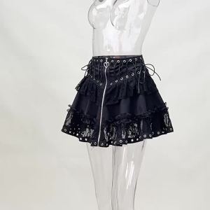 324Váy Punk Vintage Nữ Cao Cấp Có Khóa Kéo Phong Cách Nhật Bản Kawaii Đen Harajuku Gothic Skater Cosplay Mini