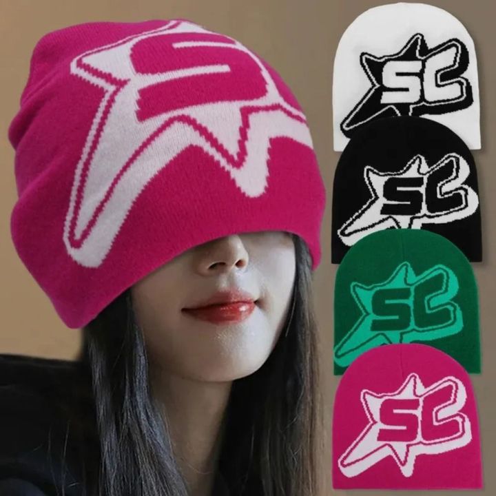 COLINBER Y2K Knitted Letter Beanies Korean Style Star Ins Skullies Cool ...