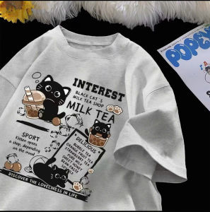 Áo Phông Nam Nữ Cotton In Hình Mèo & Trái Cây Phong Cách Thường Ngày