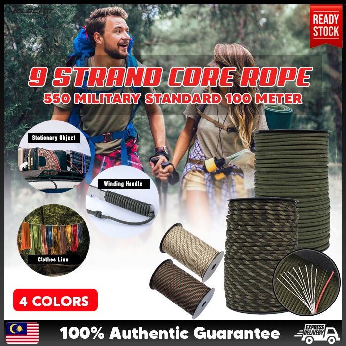 Military Grade Hike Rope Parachute Rope Paracord Rope 100M 550 Military Standard 9 Strand Core ...