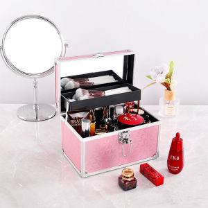 Handheld portable home travel mirror makeup case large capacity nail art embroidery makeup with lock storage box makeup box