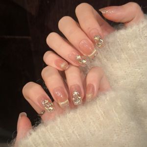 YOCKY 10Pcs Bow Butterfly French Handmade False Nails Nail Accessories Gradient Cream Short Style Fake Nails Sweet Nail Supplies Fake Nail Extension Women