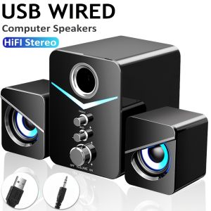 For desktops laptops Computer speaker USB power delivery small wired 2.1 channel portable wired subwoofer with blue light volume control 3.5mm AUX desktop audio system