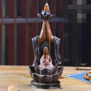 กระถางธูปกำยานควันน้ำตก เชิงกำยาน ที่ตั้งกำยาน เตาจุดธูปหอม เจ้าแม่กวนอิม พระยูไล งานเซรามิค ขนาด10นิ้ว  观音如来流香炉