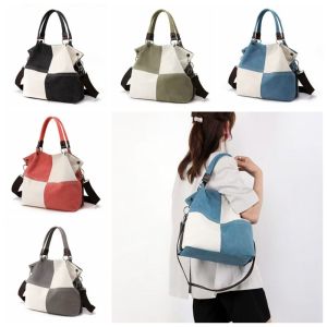 Simple Design Retro Canvas Shoulder Bag Patchwork Style Soft Shoulder Crossbody Bag Large Capacity All-match Color-block Handbag