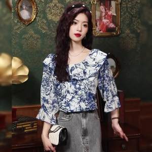 Ammin 2024 cổ tròn xếp nếp chắp vá tay áo loe hoa voan blosue cho phụ nữ mùa hè mới lỏng đa năng 3/4 tay áo in áo voan