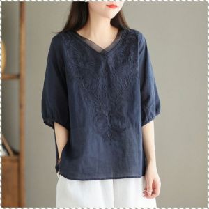 Short-sleeved Unconstrained Womens Shirts Light and Thin Fashionability Literary Thin Section