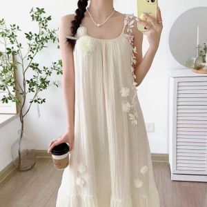 กระโปรงยาวปานกลาง ปกปิดและปรับเปลี่ยนรูปร่าง ชุดเดรส แฟชั่นนิสต้า ผ่อนคลาย งานปัก สลิง สไตล์ย้อนยุค