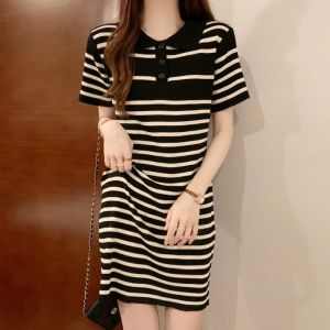 Stella Fashion Women’s Short Sleeve Polo Dress Striped A-Line Skirt Casual Korean Fashion