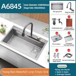 ETERNAL FIRE Kitchen Sink 3.0mm Thick SUS 304 Stainless Steel Sink With Waterfall Pullout Faucet Home Sink