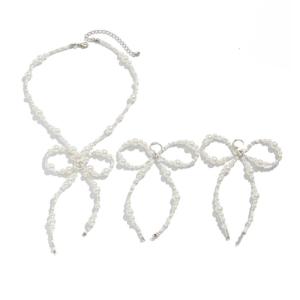 Elegant Pearls Bowknot Necklace Earrings Matching Set Elegant For Women Work Event Evening Occasions