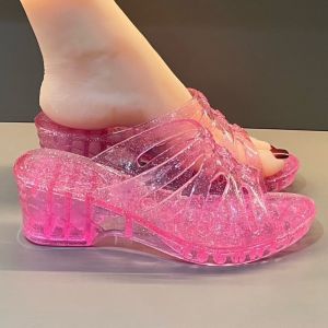 Free Shipping WomenS New Transparent Sandals Thickened And Breathable Stylish And Fashionable High-Heeled Chunky Heel Crystal Slippers For Outdoor Wear