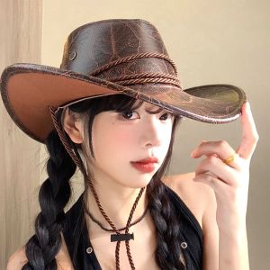 GENENIC Ethnic Style Western Cowboy Hat Roll Brim Wide Brim Visor Cap Vintage Solid Color Knight Hat Girls