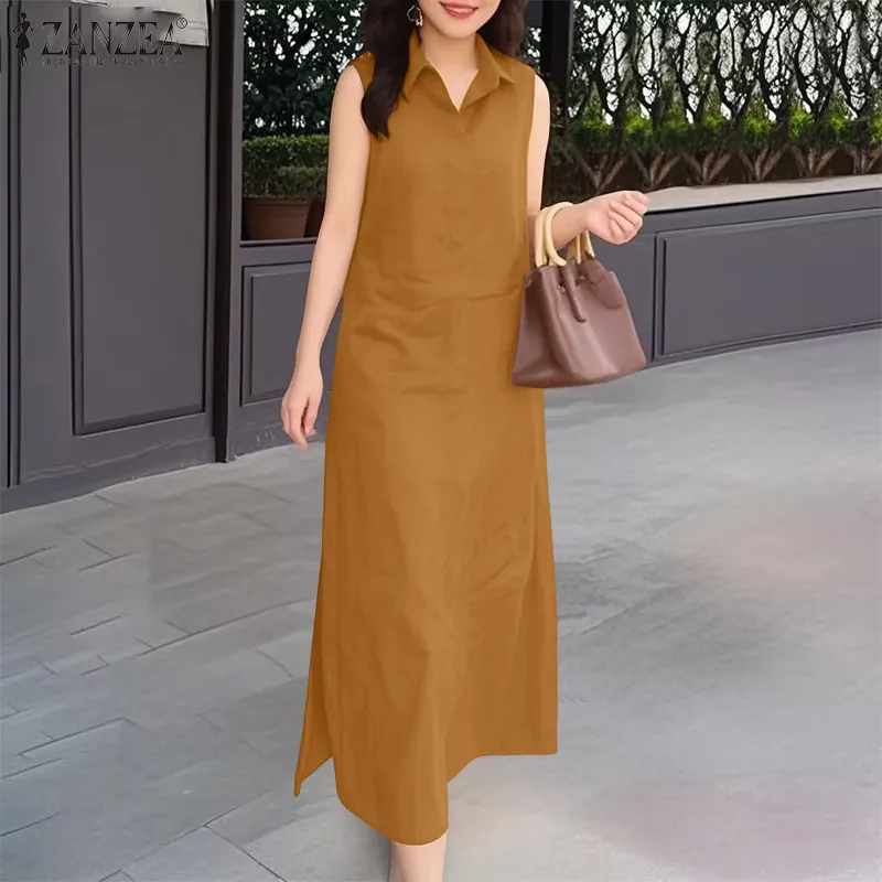 ZANZEA Women Vintage Solid Color Sleeveless Side Split Dresses Turn-Down-Collar  Long Dress #0512 Casual Polyester Dress Regular Fit Shirt Dress Lapel  Neckline Casual Dress - Lazada | Lazada PH