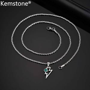 Kemstone Mens Lightning Pendant Necklace Stainless Steel with Rope Chain and Natural Stone