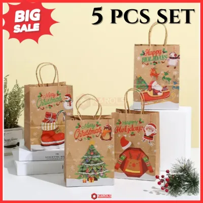 5PCS Random Christmas Kraft Paper With Handle Bag Decoration Gift Bags Packaging Bag