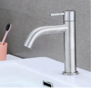 HW055- Kitchen Bathroom Stainless Steel Single Cold Water Faucet for Bathroom Sink Quick To Attach Brushed Finish with Ceramic Valve