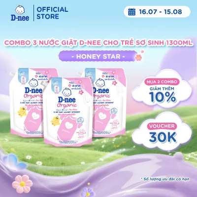 Combo 3 Nước giặt quần áo D-nee 1300ML - Honey Star (Pink) hương thơm dịu nhẹ an toàn cho trẻ em